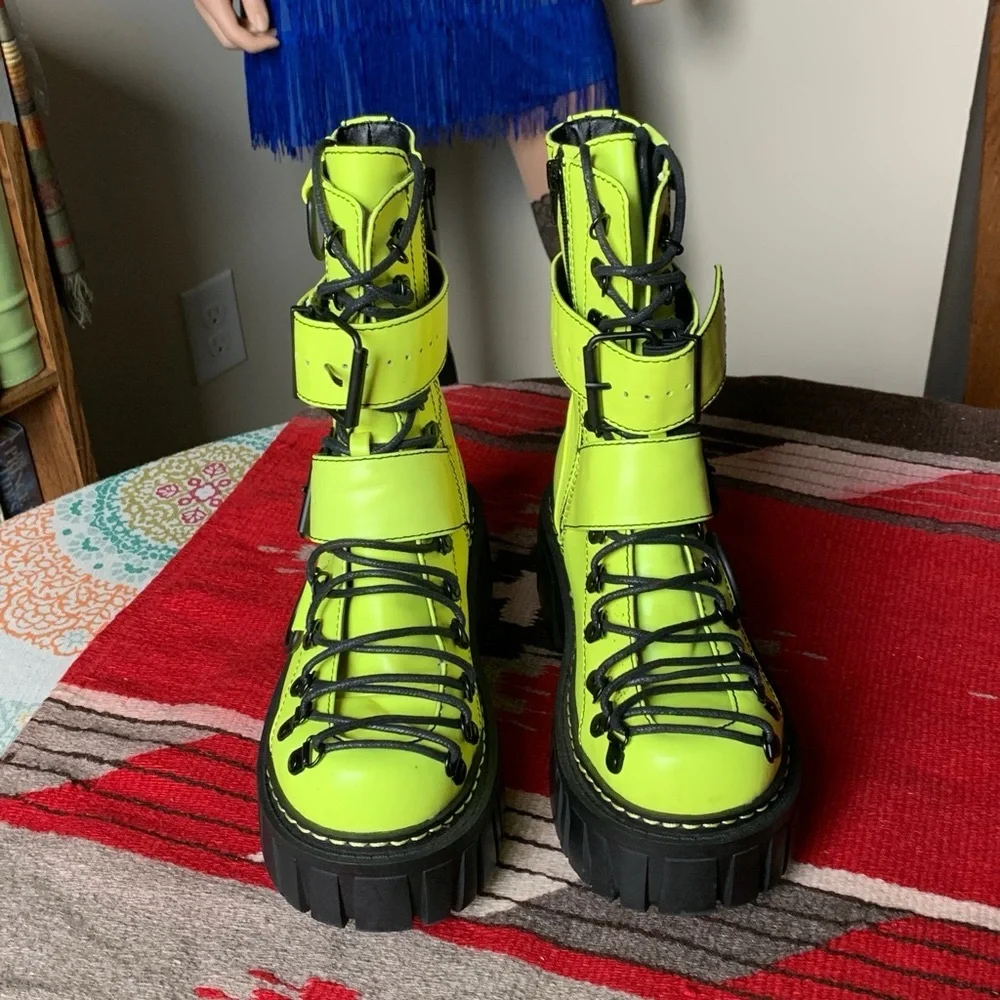 Club Exx Neon Yellow/Green Low Traitor Combat Boots D-Ring Lace Up – NIB - Picture 4 of 9